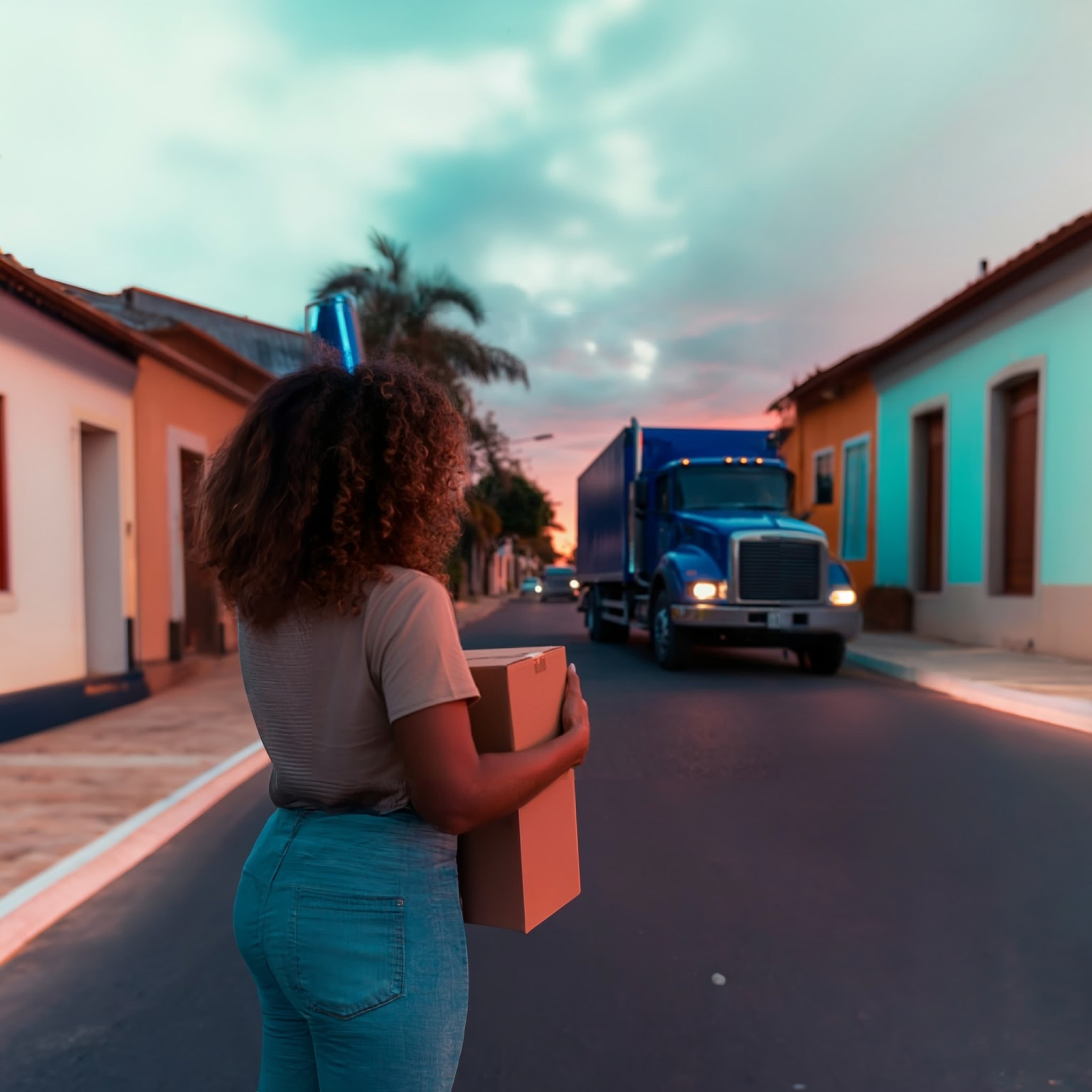 Caminhão da CB Full em uma rua com casas coloridas